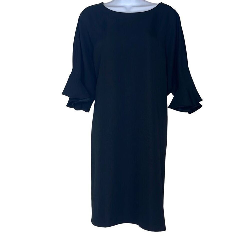 Twinset Milano Black Shift Dress Size 14 New Ruffle Sleeve Knee Length Old Money